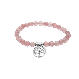 Bracelet extensible en pierres naturelles d\'Agate rose vritable et arbre de vie en argent rhodi - Vue 1