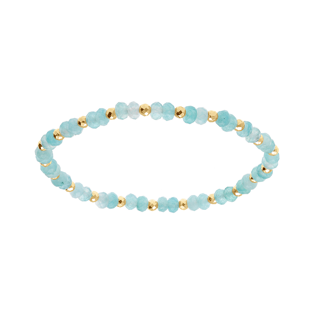 Bracelet extensible jade bleue v�ritable et boules en acier dor� - Vue 1