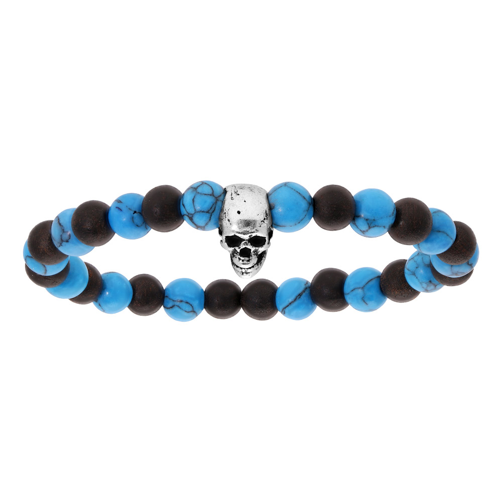 Bracelet extensible junior avec perles bleues et pierre de lave m�tallis�e avec t�te de mort - Vue 1