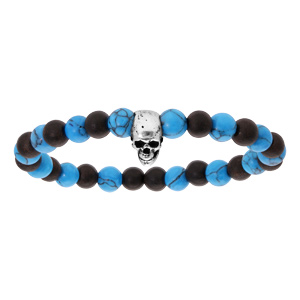 Bracelet extensible junior avec perles bleues et pierre de lave mtallise avec tte de mort - Vue 1