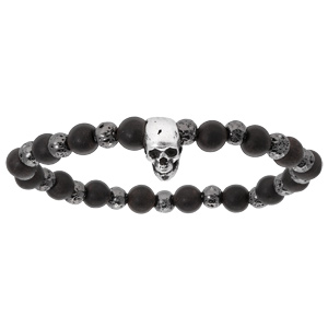 Bracelet extensible junior avec perles de bois noir et pierre de lave métallisée avec tête de mort - Vue 1