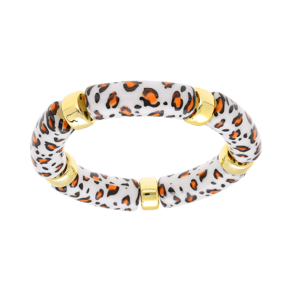 Bracelet extensible l�opard � anneaux dor�s fond blanc et tachet� orange - Vue 1