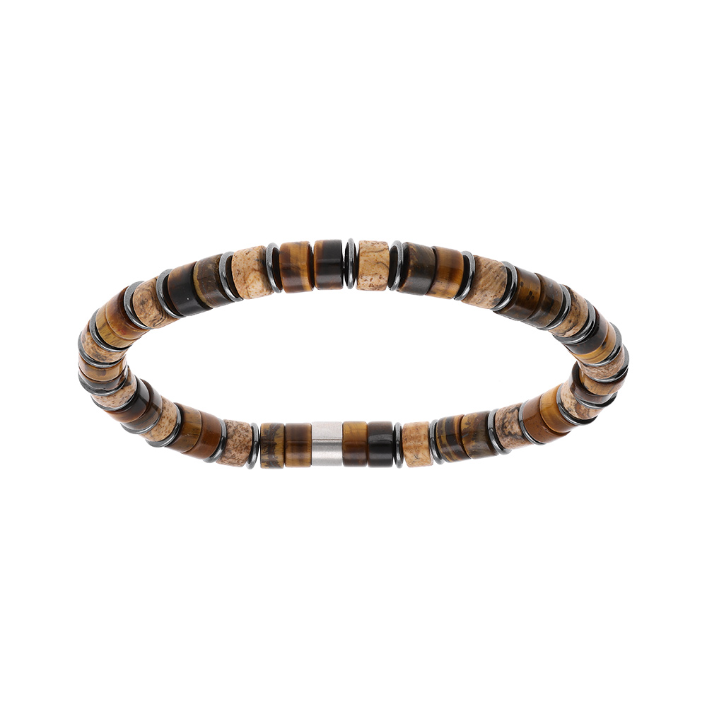 Bracelet extensible rondelles oeil de tigre vritable marron et hmatite vritable 60mm - Vue 1