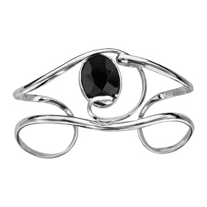 Bracelet finition argentée rhodié manchette volute verre taillé noir - Vue 1