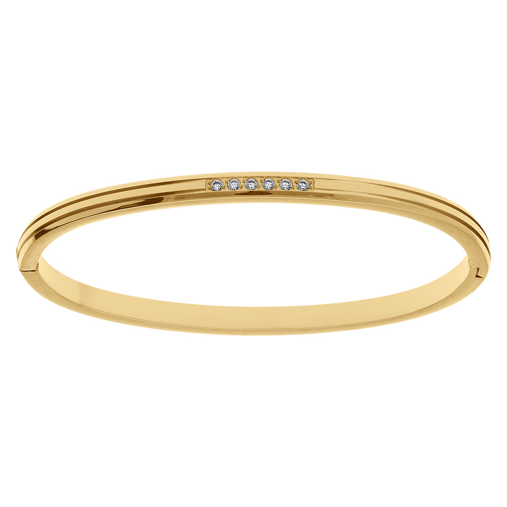 Bracelet jonc en acier dor� articul� avec oxydes blancs sertis - Vue 1