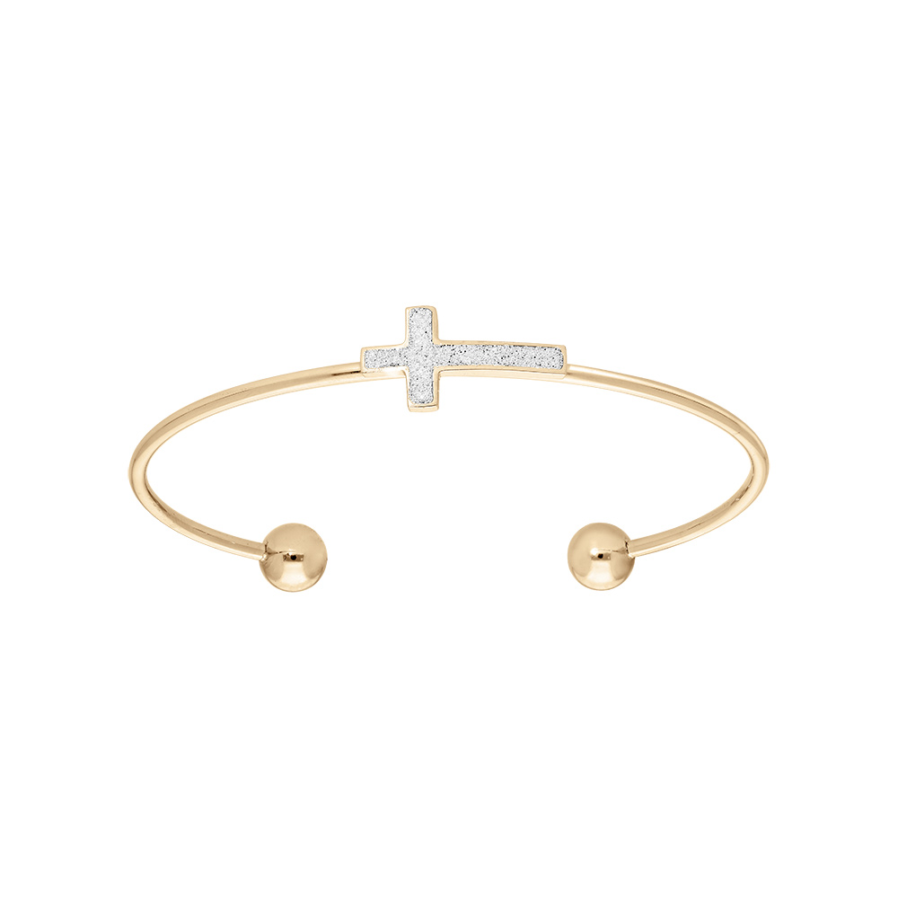Bracelet jonc en acier et PVD jaune ouvert avec croix effet paillett� blanc - Vue 1