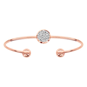 Bracelet jonc en acier et PVD rose ouvert avec pastille effet givr et boule lisse  chaque extrmit - Vue 1