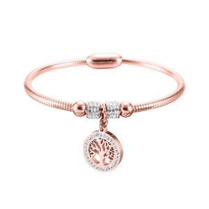 Bracelet jonc en acier et PVD rose rainuré avec pampille arbre de vie - Vue 1