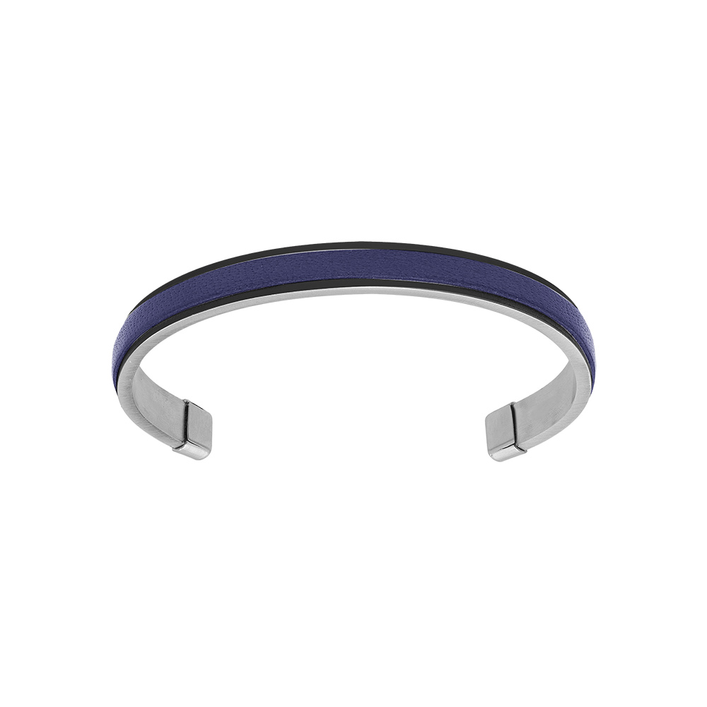 Bracelet jonc en acier ouvert et fond cuir lisse bleu v�ritable - Vue 1