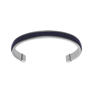 Bracelet jonc en acier ouvert et fond cuir lisse bleu vritable - Vue 1
