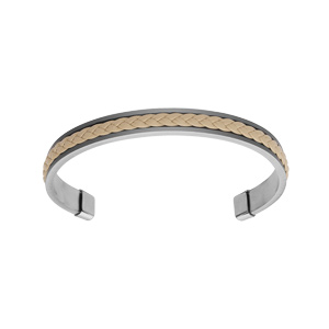 Bracelet jonc en acier ouvert et fond cuir vritable tress couleur beige - Vue 1