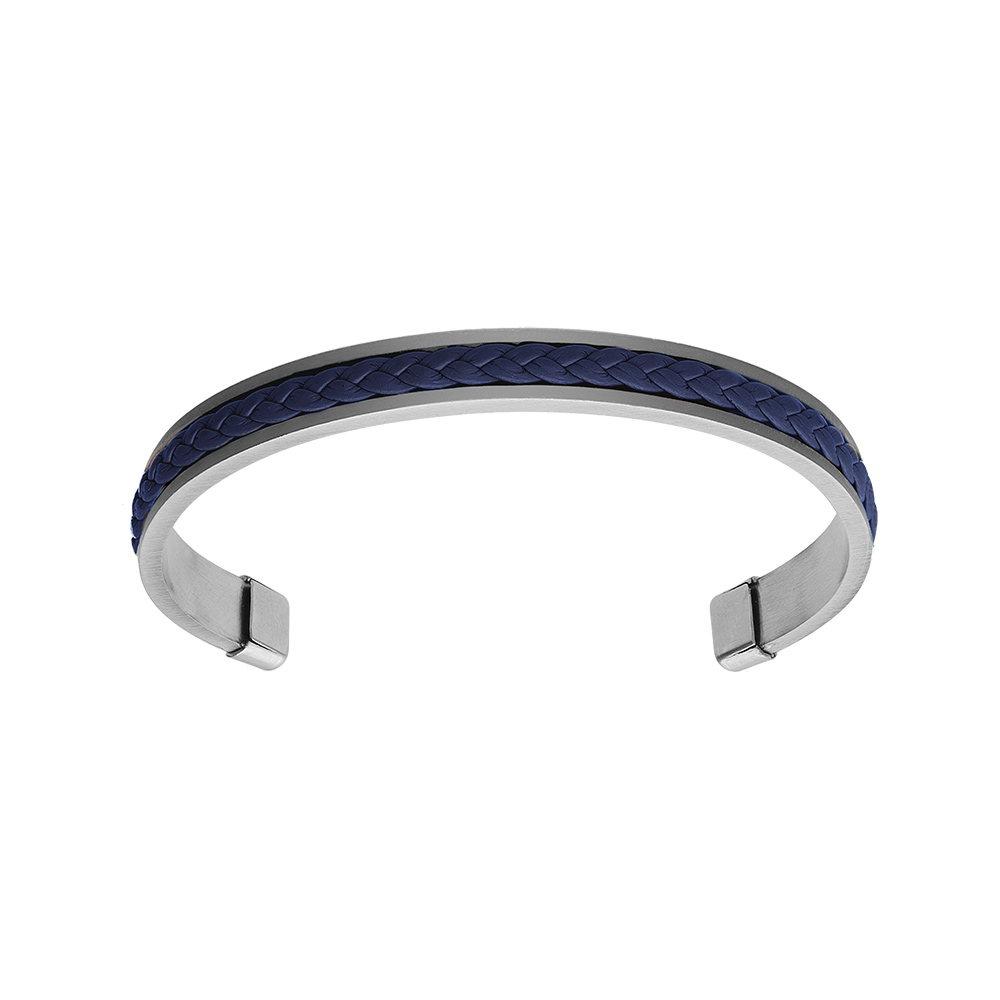 Bracelet jonc en acier ouvert et fond cuir v�ritable tress� couleur bleu - Vue 1