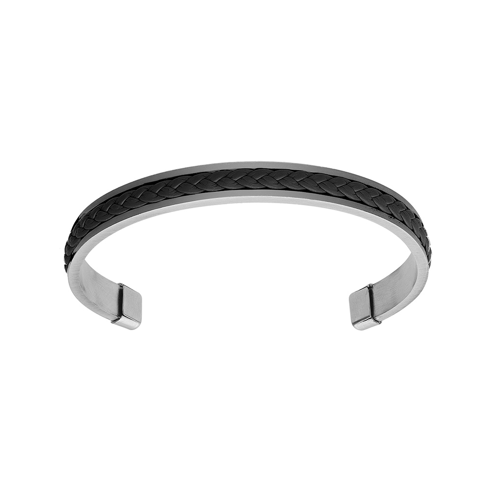 Bracelet jonc en acier ouvert et fond cuir v�ritable tress� couleur noire - Vue 1