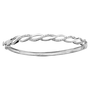 Bracelet jonc en argent rhodi articul avec 2 brins torsads sur le dessus, 1 lisse et le second orn d\'oxydes blancs sertis - Vue 1