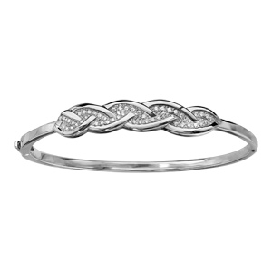 Bracelet jonc en argent rhodié articulé tressé oxydes blancs sertis 54mm X 45mm - Vue 1
