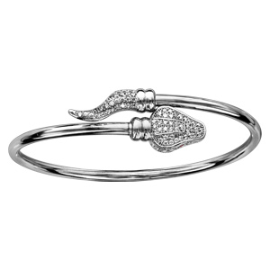 Bracelet jonc en argent rhodié avec aux extrémités tête et queue de serpent ornées d\'oxydes blancs sertis et yeux en oxydes rouges - Vue 1