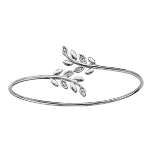 Bracelet jonc en argent rhodié avec feuilles lisses et ornées d\'oxydes blancs - Vue 1