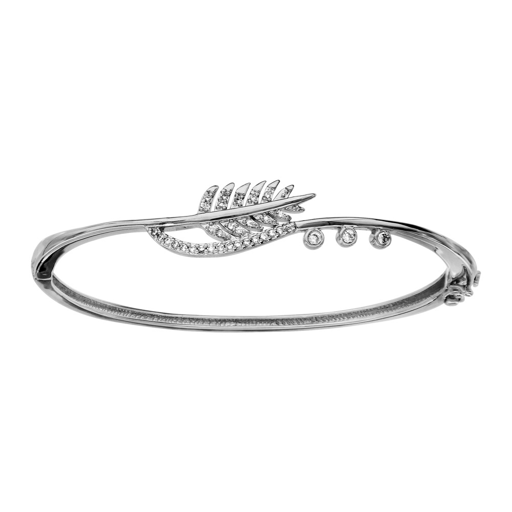 Bracelet jonc en argent rhodi massif articul avec plume et courbe ornes d\'oxydes blancs sertis 56mm X 50mm - Vue 1