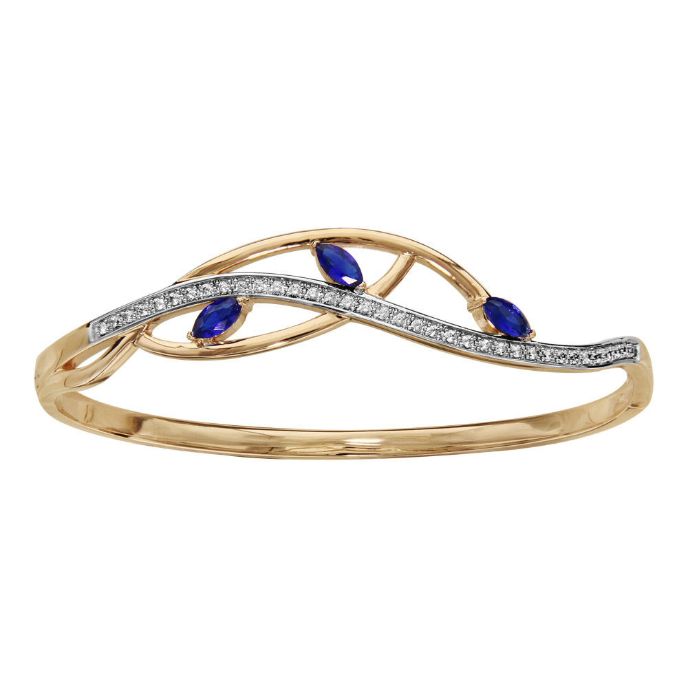 Bracelet jonc en plaqu� or articul� vague oxydes blancs sertis 3 navettes bleues - Vue 1