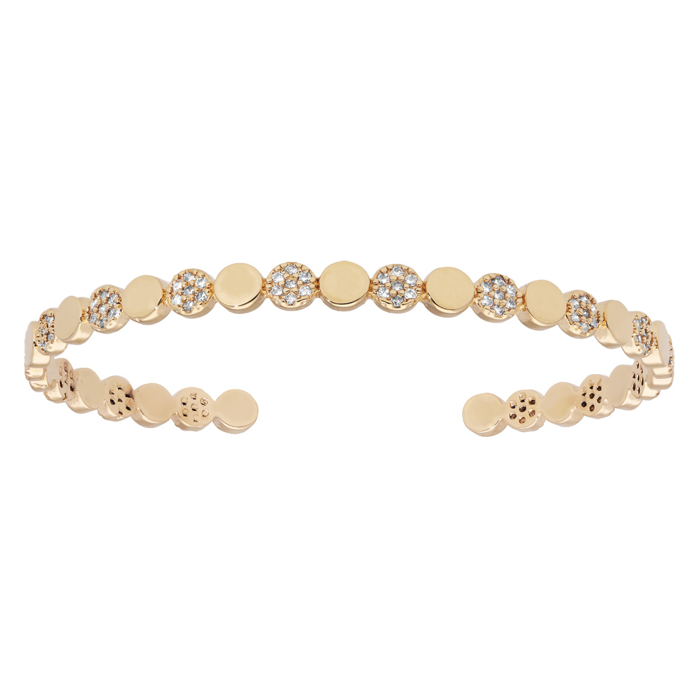 Bracelet jonc en plaqu or motifs ronds lissses et oxydes blancs sertis - Vue 1