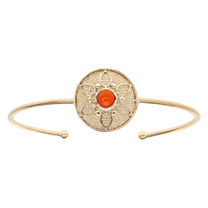 Bracelet jonc en plaqué or pastille ronde motif fleur avec pierre couleur corail - Vue 1