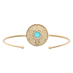 Bracelet jonc en plaqué or pastille ronde motif fleur avec pierre couleur turquoise - Vue 1