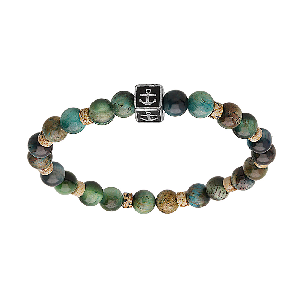 Bracelet junior en acier avec perles Oeil de Tigre carr� motif ancre - Vue 1