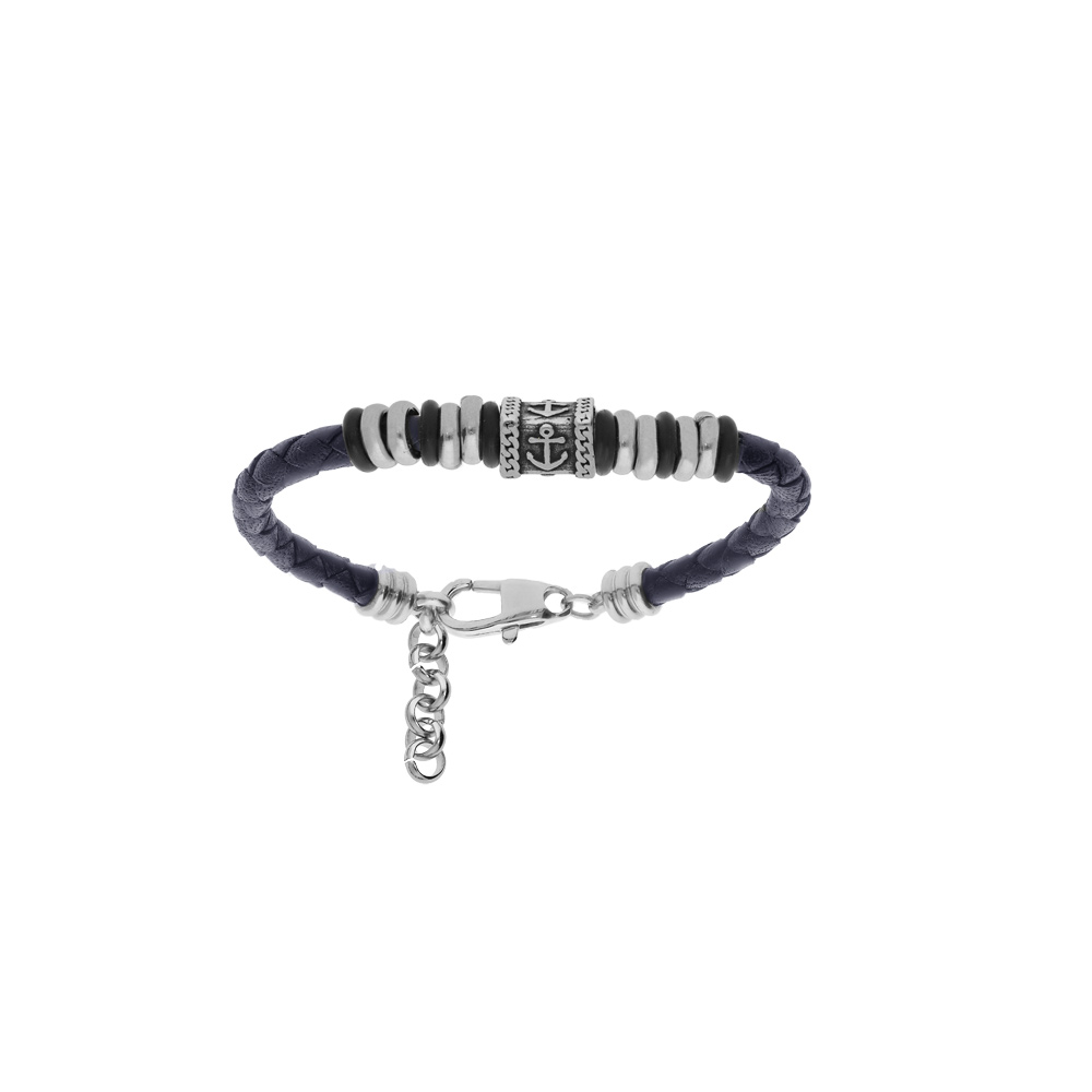 Bracelet junior en acier et cuir bleu avec rondelles et perle avec motif crois� 14+3cm - Vue 1