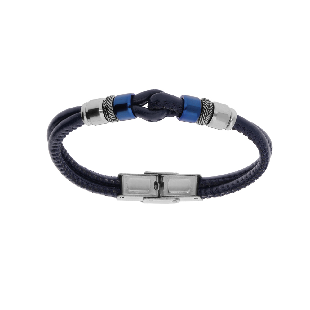 Bracelet junior en acier et cuir bovin noir double rang motif boucle et rondelle PVD bleu 16.5cm r�glable - Vue 1
