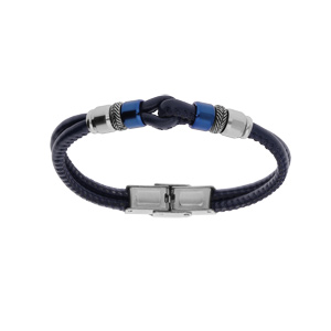 Bracelet junior en acier et cuir bovin noir double rang motif boucle et rondelle PVD bleu 16.5cm rglable