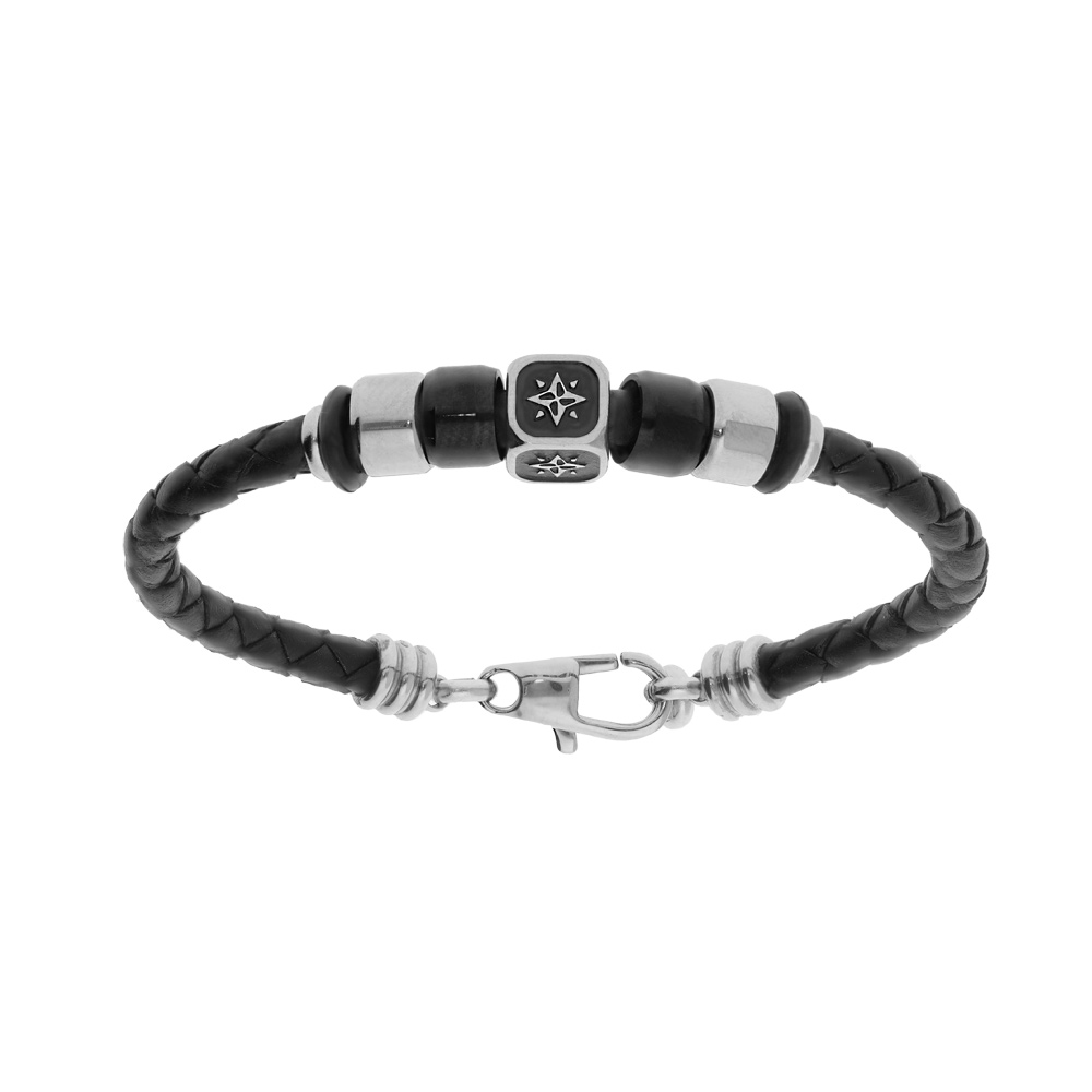 Bracelet junior en acier et cuir bovin tress� noir avec cube motif �toile et rondelles en PVD noir 14.5cm+2.5cm - Vue 1