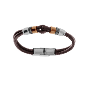 Bracelet junior en acier et cuir marron double rang motif boucle et rondelles PVD rose 16.5cm rglable - Vue 1