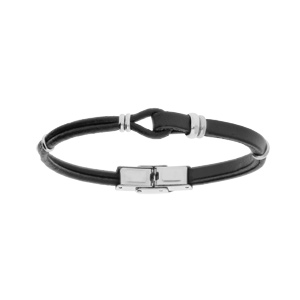 Bracelet junior en acier et cuir noir avec boucle 16.5cm rglable - Vue 1