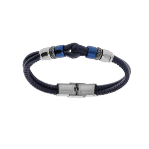 Bracelet junior en acier et cuir noir double rang motif boucle et rondelle PVD bleu 16.5cm rglable - Vue 1