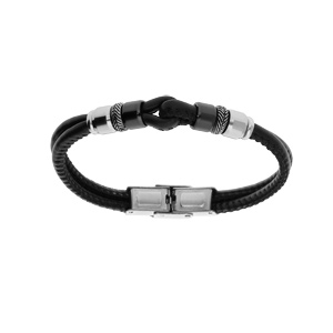 Bracelet junior en acier et cuir noir double rang motif boucle et rondelle PVD noir 16.5cm rglable - Vue 1