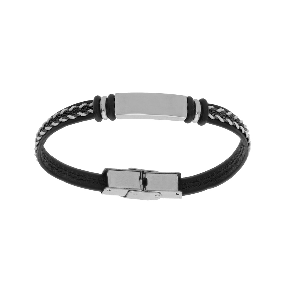Bracelet junior en acier et cuir noir plaque identit� � graver avec cordon blanc tress� 16cm r�glable - Vue 1