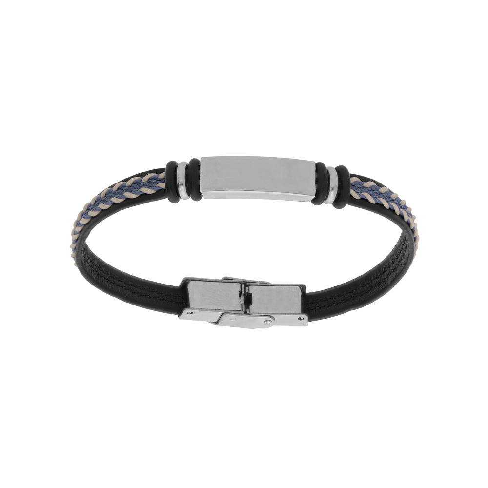 Bracelet junior en acier et cuir noir plaque identit� � graver avec cordon bleu tress� 16cm r�glable - Vue 1