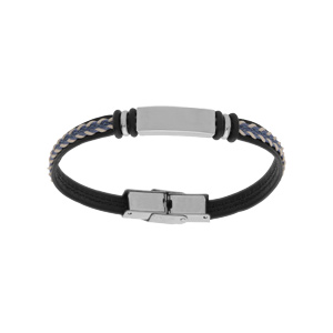 Bracelet junior en acier et cuir noir plaque identit  graver avec cordon bleu tress 16cm rglable - Vue 1
