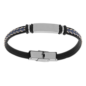 Bracelet junior en acier et cuir noir plaque identit� � graver avec cordon bleu tress� longueur personnalisable jusqu'� 16cm
