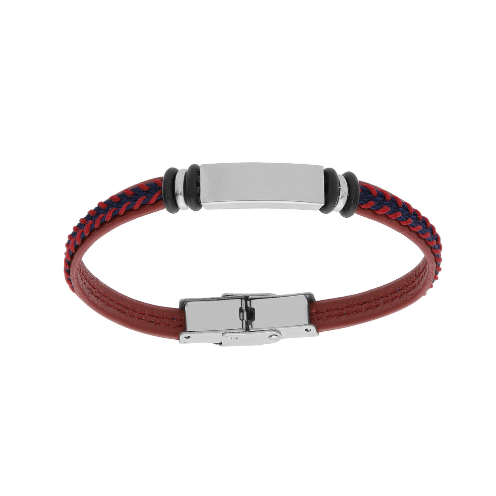 Bracelet junior en acier et cuir rouge plaque identit� � graver 16cm r�glable - Vue 1