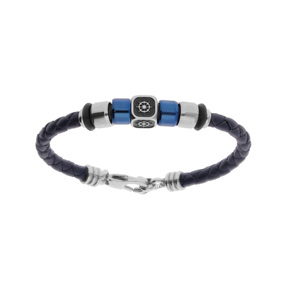 Bracelet junior en acier et cuir tress� noir cube motif roue de bateau et rondelles en PVD bleu 14.5cm+2.5cm - Vue 1