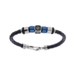 Bracelet junior en acier et cuir tress noir cube motif roue de bateau et rondelles en PVD bleu 14.5cm+2.5cm - Vue 1