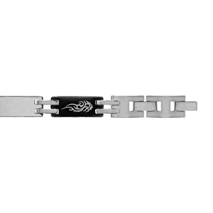 Bracelet junior en acier et PVD noir alternance de maillons lisses et maillons noirs avec gravure motifs tribals intercals de 2 barrettes grises - largeur 7mm et longueur 16cm + 1cm rglable par double fermoir - Vue 1