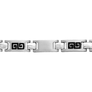 Bracelet junior en acier maillons alternés lisses et avec gravure motif méandres grecs noir - longueur 16cm - Vue 1
