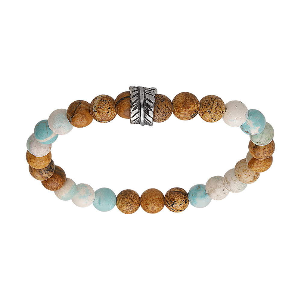 Bracelet junior en acier perles aspect bois et perle turquoise de synth�se et Howlite de synth�se avec perle feuille - Vue 1