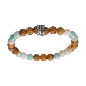 Bracelet junior en acier perles aspect bois et perle turquoise de synthse et Howlite de synthse avec perle feuille - Vue 1
