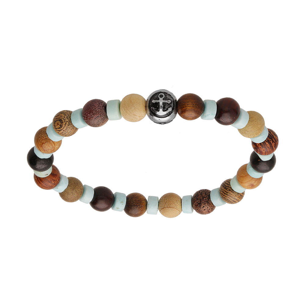 Bracelet junior en acier perles aspect bois et turquoise de synth�se perle motif ancre - Vue 1