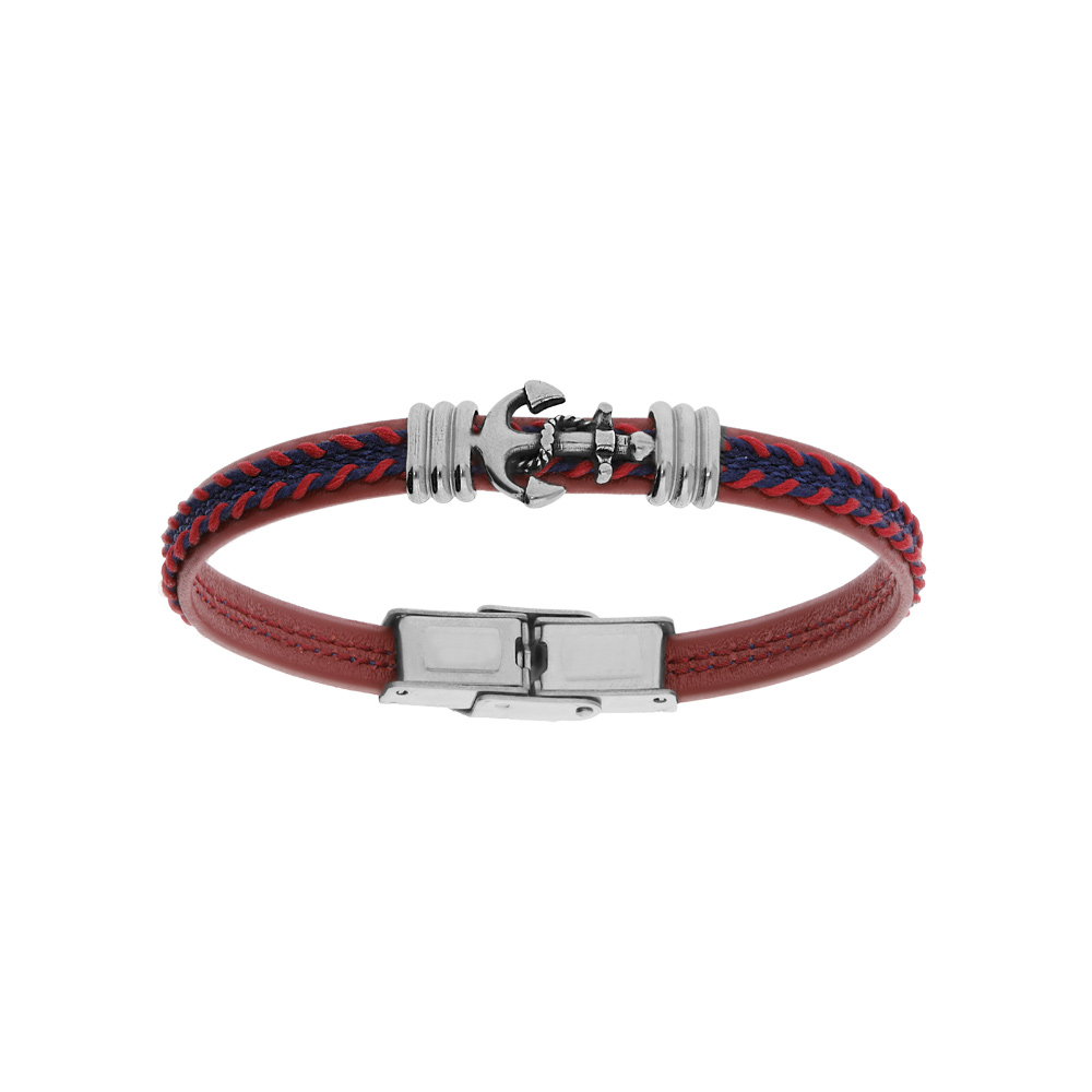 Bracelet junior en acier tissu rouge et bleu motif ancre marine 16.5cm r�glable - Vue 1