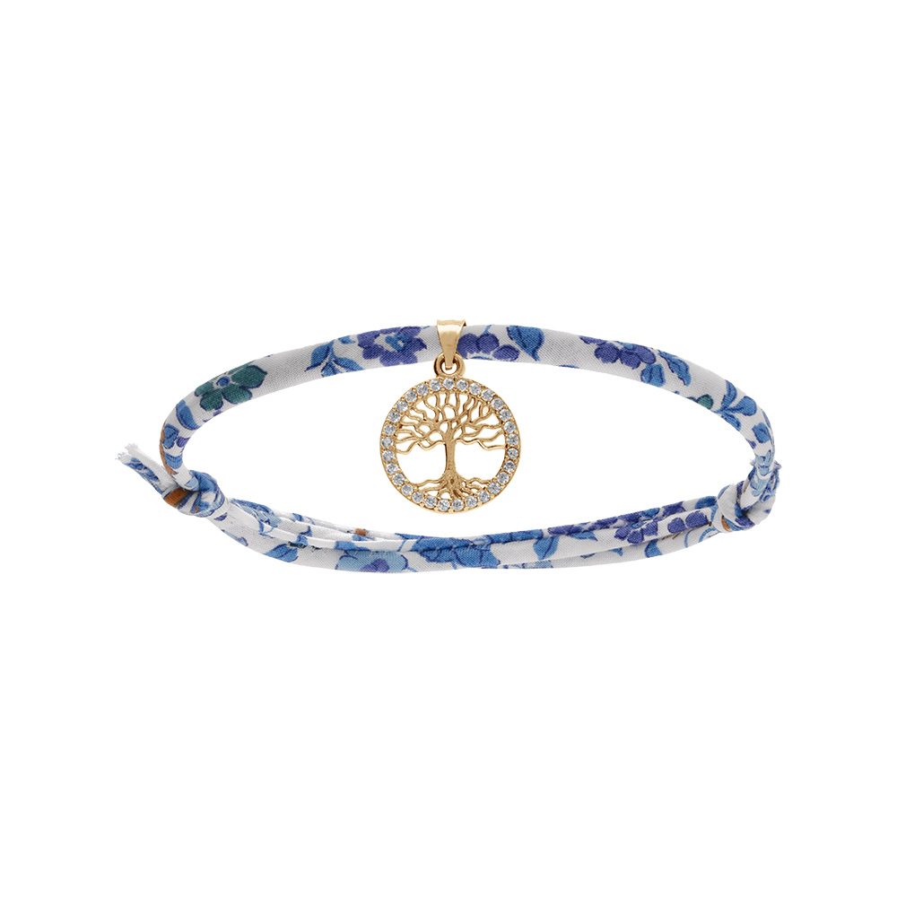 Bracelet liberty tissu fleuri bleu une pampille arbre de vie plaqu� or avec oxydes blancs sertis, r�glable - Vue 1