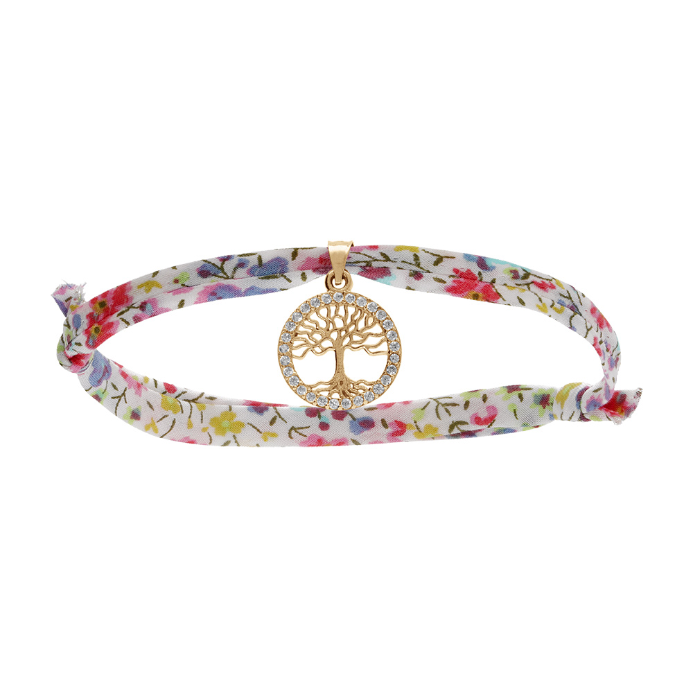 Bracelet liberty tissu fleuri rose une pampille arbre de vie plaqu� or avec oxydes blancs sertis, r�glable - Vue 1
